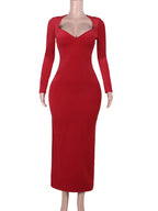 Red Long Sleeve Side Slit Dress