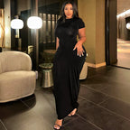 Solid Short Sleeve Ruched Maxi Dress