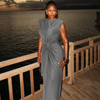 Solid Boat Neck Twist Knot Long Dress