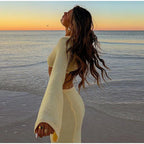 Knitted Hollow Out Solid O - neck Slit Maxi Dress