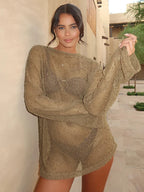 Sexy Hollow Out Long Sleeve Mesh Sheer Top