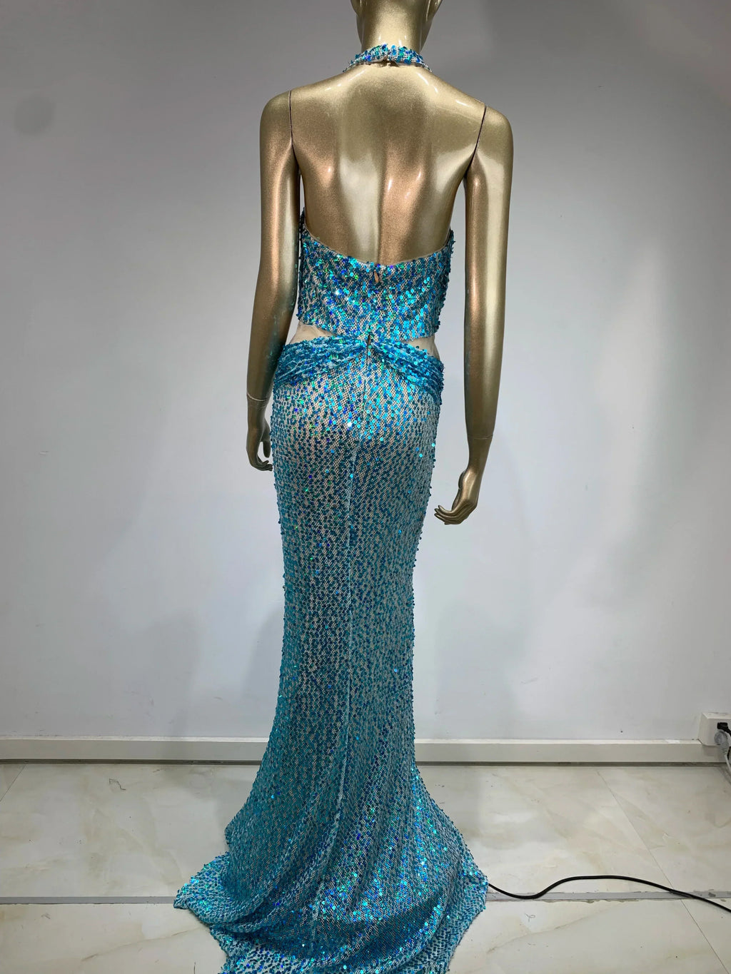 Halter Blue Sequins Sparkly Glitter Maxi Dress