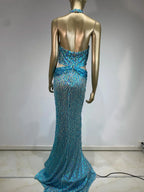 Halter Blue Sequins Sparkly Glitter Maxi Dress