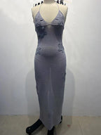 Glitter Sheer Halter Women Maxi Dress Gray Backless