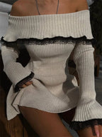 Knit Off Shoulder Sweater Mini Dress Women's Lace Patchwork Ribbed Slim Backless Elegant Party Dress Knitwear Mini Dress