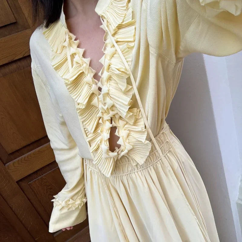 Casual Chiffon Pleated Laceup Blouse
