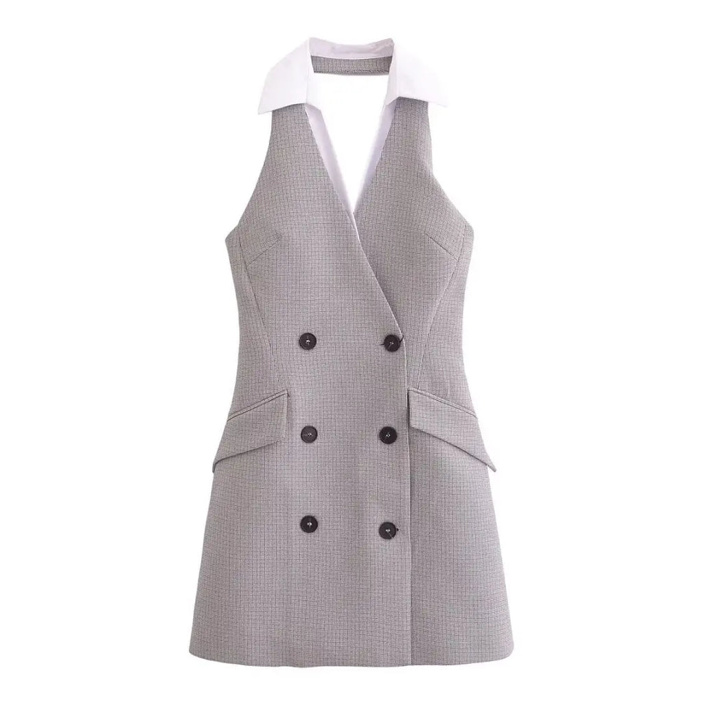 Plaid Halter Sleeveless Button Dress