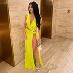 Deep V Cut Out Slit Asymmetrical Long Dress