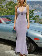 Floral Knit Hollow Out Lace - Up Maxi Dress