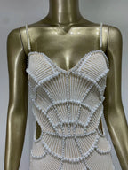 Women V Neck White Pearl Beading Maxi Dress