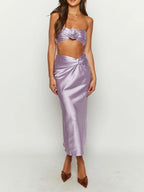 3D Flowers Ruched Satin Bandeau Two Piece Skirt Set