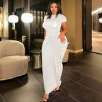 Solid Short Sleeve Ruched Maxi Dress