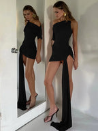Oblique - Shoulder Backless Irregular Draped Dress