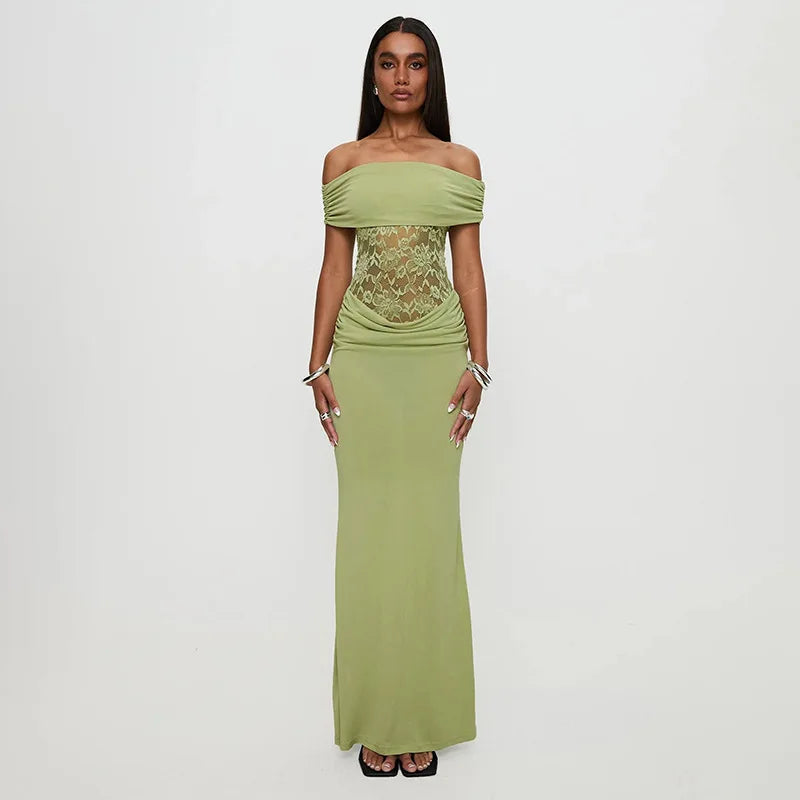 Off - shoulder Strapless Green Lace Sheer Long Dress