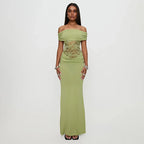 Off - shoulder Strapless Green Lace Sheer Long Dress