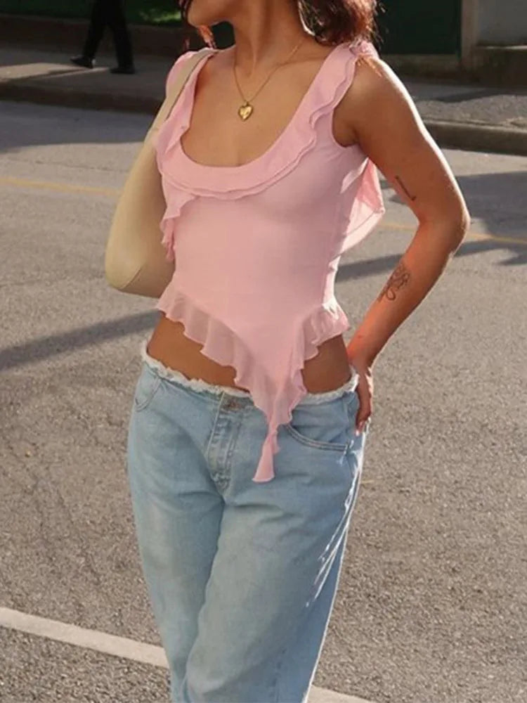 Fashion Oneck Sleeveless Mesh Sheer Top