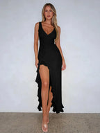 Ruffle High Split Evening Midi Dress