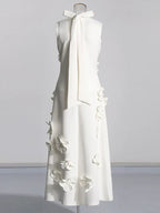 3D Flower Appliqué Mock Neck Midi Dress
