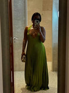 Pleated Hollow Out Halter Neck Long Dress