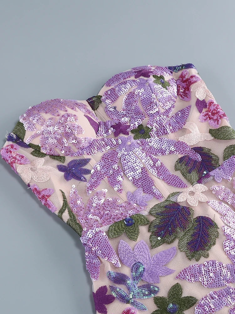 Floral - Embellished Sequin Lavender Ankle Length Dress