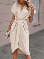 Short Sleeve Deep V Neck Draped High Waist Work Dress