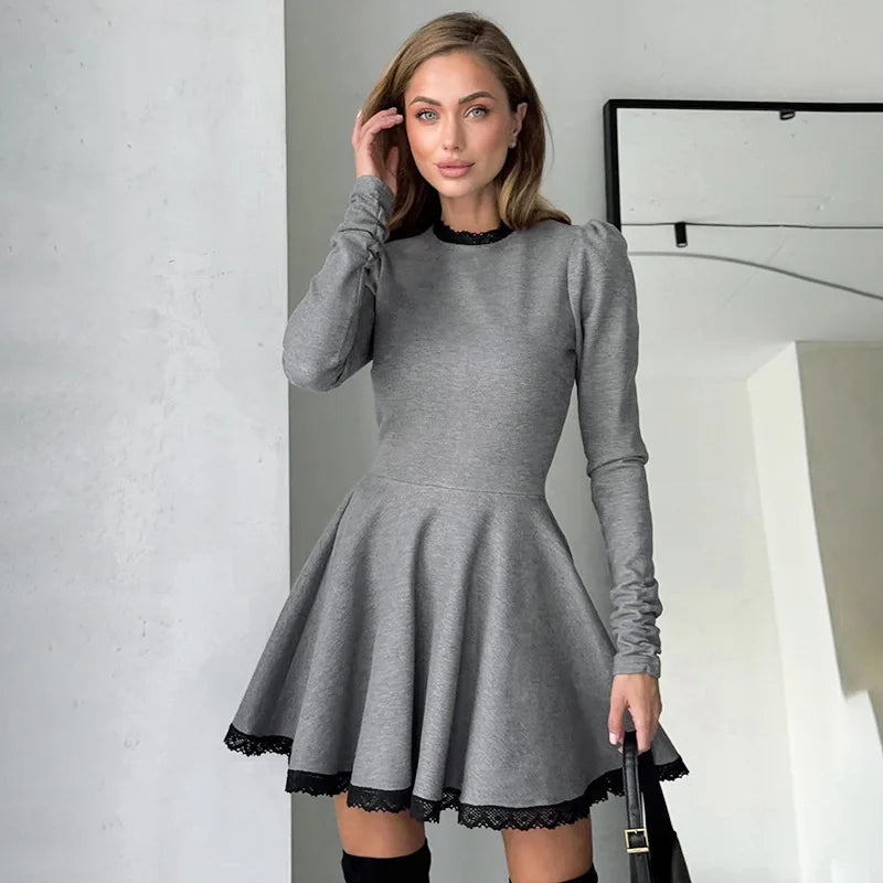 Patchwork Gray Long Sleeve A - line Mini Dress