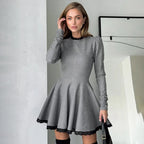 Patchwork Gray Long Sleeve A - line Mini Dress