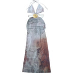 Backless Split Abstract Printed Mesh Sheer Dress
