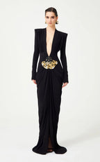 Deep V Neck Long Sleeves Black Maxi Dress Party Gown