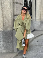 Casual Street Lace Up Long Dresses Women Chic Loose V neck Side Slit Solid Dress Female Summer Versatiel Street Party Robes