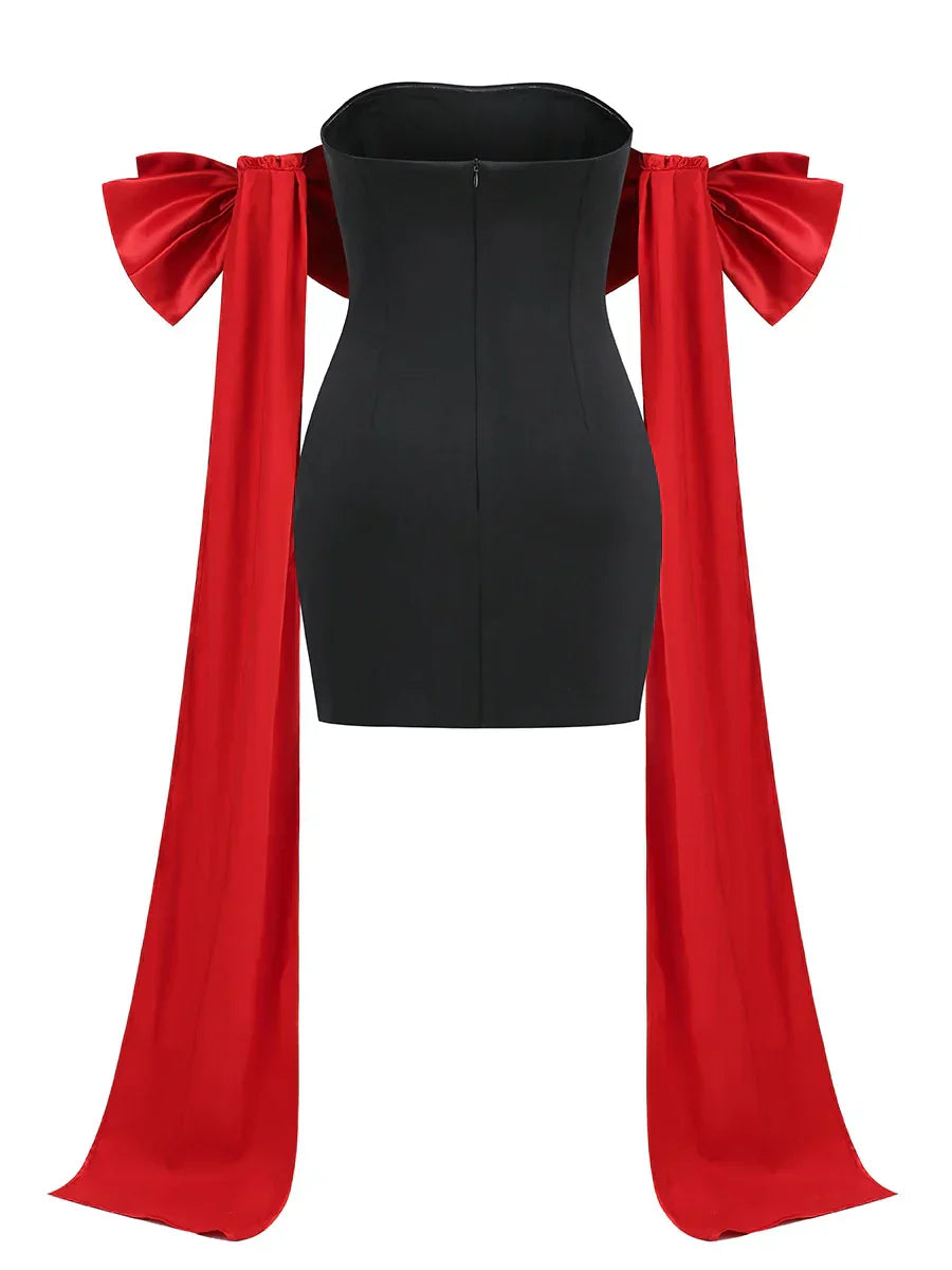 Black Tube Mini Dress With Large Red Bow Detachable Sleeves