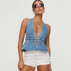 Denim Deep Vneck Backless Halter Laceup Cami Top