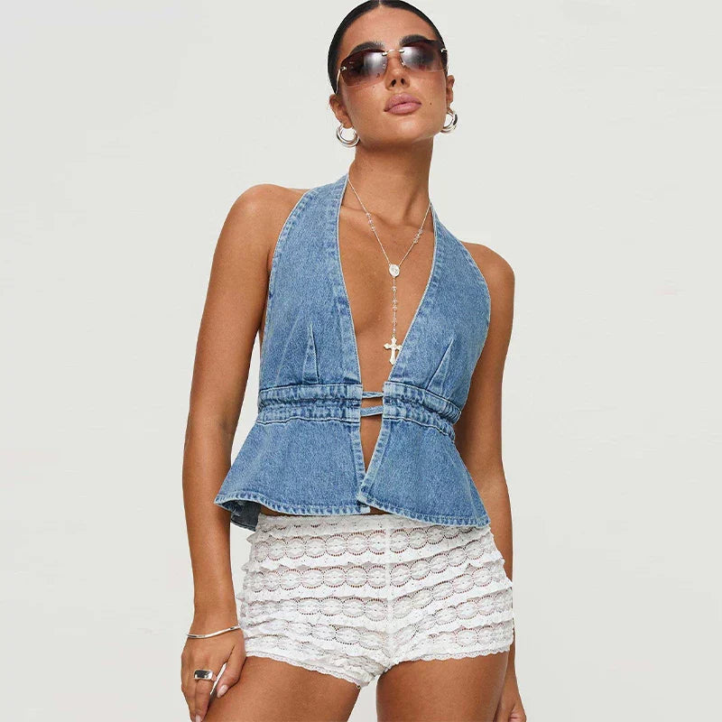 Denim Deep Vneck Backless Halter Laceup Cami Top