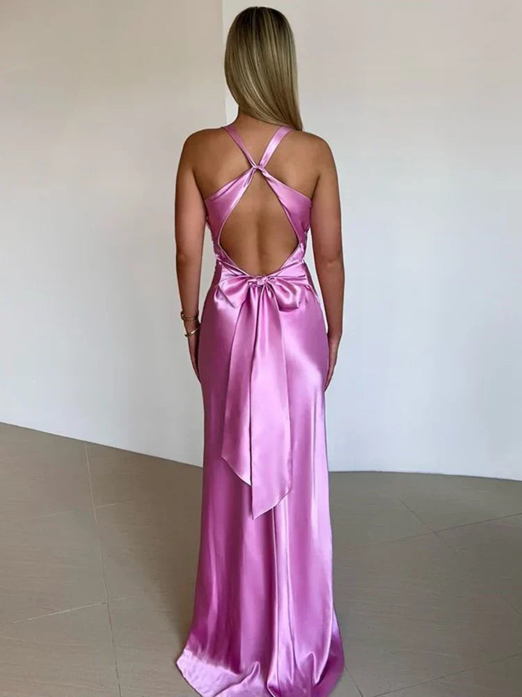 Satin V - neck Back Strappy Bow Maxi Dress