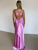 V Neck Sleeveless Satin Bow Backless Maxi Dress