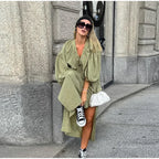Casual Street Lace Up Long Dresses Women Chic Loose V neck Side Slit Solid Dress Female Summer Versatiel Street Party Robes
