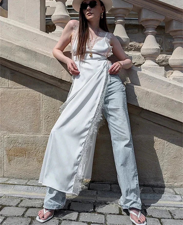 Lace Satin Patchwork High Split Maxi Dress