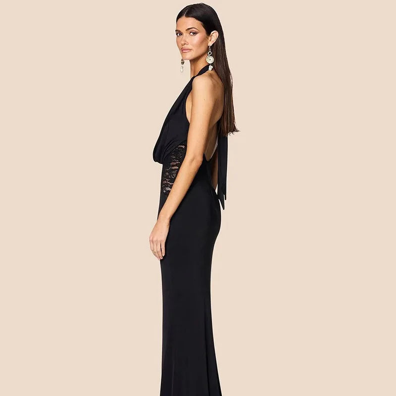 Halter Black Lace Off - shoulder Long Dress