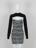 Turtleneck Beading Rhinestone Black Mini Dress