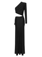 Black Inclined Shoulder High Split Draped Maxi Dress
