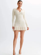 Ruffled Contrast Bow Open Back Lace - Up Knit Mini Dress