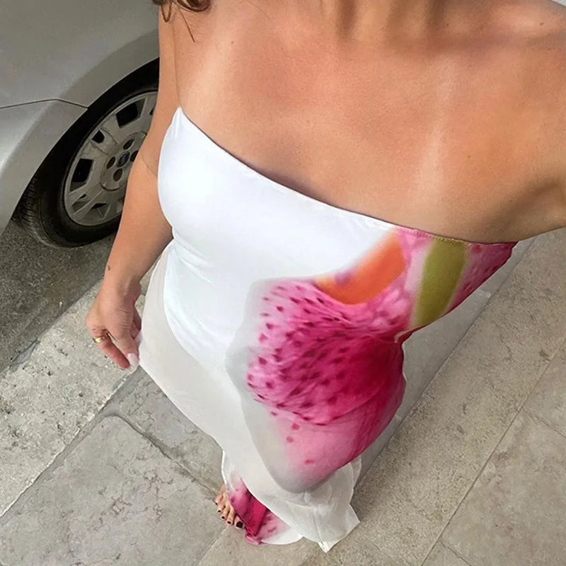 Mesh Floral Print Off - shoulder Long Dress