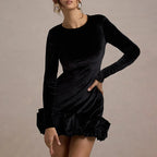 Velvet 3D Pleated Hem Long Sleeve Dress
