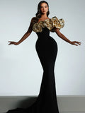 One Shoulder Flower Patchwork Maxi Dress