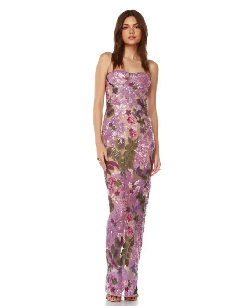 Floral - Embellished Sequin Lavender Ankle Length Dress