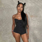 Distressed Transparent Strap Short Romper