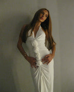 White Floral Halter Sleeveless Ruffled Long Dress