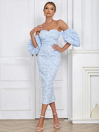 Flower Print Sky Blue VNeck Bodycon Lace Dress