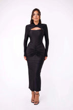 Long Sleeved Pleated Hollowed Out Maxi Dress