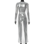 O - neck Full Sleeve Solid Color Mesh Dress